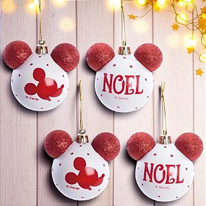 Kit Bolas de Natal Mickey - Sortido - Vermelho e Branco - 8 cm  - 4 unidades - Disney Original - Rizzo