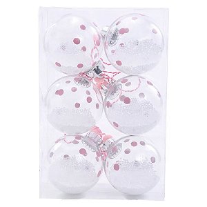 Jogo de Bola de Natal Rosa com Neve - 8cm  - 6 unidades - Cromus - Rizzo