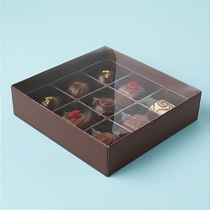 Caixa 9 Doces com Berço Tampa Transparente Nº 6 (11,5cm x 11,5cm x 3cm) Marrom 10 unidades Assk Rizzo Embalagens