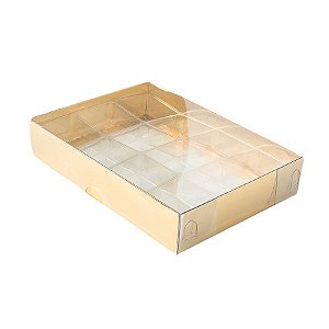 Caixa 12 Doces com Berço Tampa Transparente Nº 2 (15,5cm x 11,5cm x 3cm) Dourada 10 unidades Assk Rizzo Embalagens