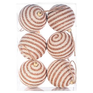 Bolas de Natal Listrada - Branco/Marrom - 8 cm - 6 unidades - Cromus - Rizzo