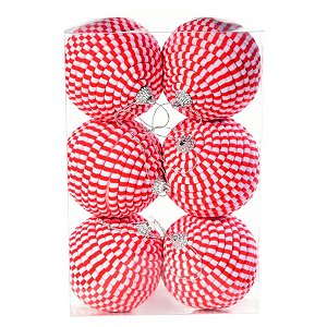 Bolas de Natal Listrada - Vermelho/Branco- 8 cm - 6 unidades - Cromus - Rizzo