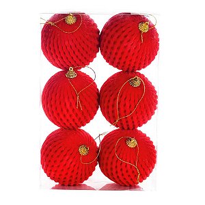 Bolas de Natal PomPom - Listrado Vermelho - 8 cm - 6 unidades - Cromus - Rizzo