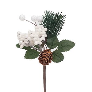 Pick Decorativo de Natal - Galho Folhas e Frutas Branco e Marrom - 14cm  - 1 unidade - Cromus - Rizzo