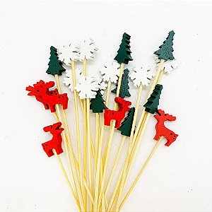 Palitos de Bambu Rena Pinheiro e Floco de Neve - 12cm - 20 unidades - Rizzo