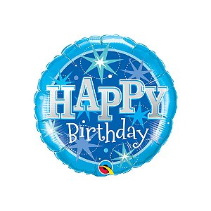 Balão de Festa Microfoil 18" 46cm - Happy Birthday Azul com Brilho - 1 unidade - Qualatex - Rizzo