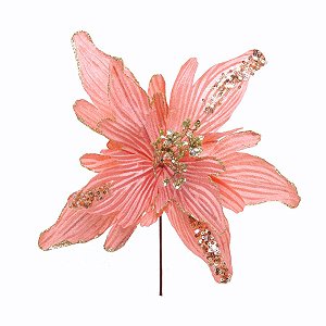 Flor de Cabo Curto Poinsétia Rosa Velho com Gliter Ouro - 28 cm - 1 unidade - Cromus - Rizzo