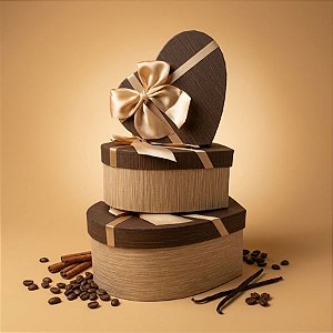 Kit Caixa Papel Rígido Coração Beje e Marrom com Laço Beje - 3 unidades - Rizzo