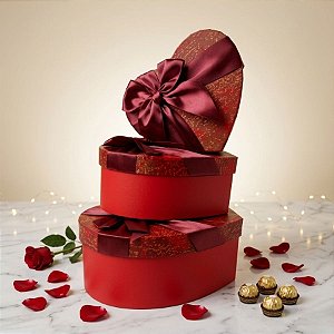 Kit Caixa Papel Rígido Coração Vermelho com Laço - 3 unidades - Rizzo