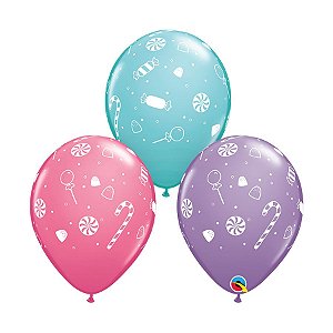 Balão de Festa Látex Liso Decorado - Doces e Confetes Azul/Lilás/Rose - 11" 28cm - 50 unidades - Qualatex Outlet - Rizzo