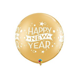 Balão de Festa Látex Liso Decorado - Happy New Year Pontos Ouro - 30" 75cm - 2 unidades - Qualatex Outlet - Rizzo