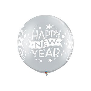 Balão de Festa Látex Liso Decorado - Happy New Year Pontos Prata - 30" 75cm - 2 unidades - Qualatex Outlet - Rizzo