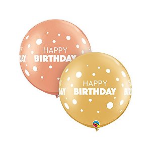 Balão de Festa Látex Liso Decorado - Happy Birthday Poá Ouro/Rose Gold - 30" 75cm - 2 unidades - Qualatex Outlet - Rizzo