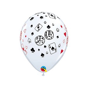 Balão de Festa Látex Liso Decorado - Cartas e Dados Branco - 11" 28cm - 50 unidades - Qualatex Outlet - Rizzo