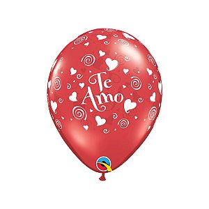 Balão de Festa Látex Liso Decorado - Te Amo Corações e Espirais - 11" 28cm - 6 unidades - Qualatex Outlet - Rizzo
