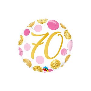 Balão de Festa Microfoil 18" 46cm - Redondo Número 70 com Pontos Rosa/Ouro  - 1 unidade - Qualatex Outlet - Rizzo