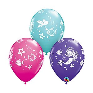 Balão de Festa Látex Liso Decorado - Sereia e Amigos - 11" 28cm - 50 unidades - Qualatex Outlet - Rizzo