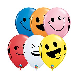 Balão de Festa Látex Liso Decorado - Carinhas Sorridente Sortidos - 11" 28cm - 50 unidades - Qualatex Outlet - Rizzo