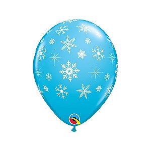 Balão de Festa Látex Liso Decorado - Floco de Neve & Faíscas Azul - 11" 28cm - 50 unidades - Qualatex Outlet - Rizzo