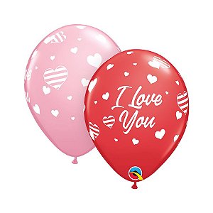 Balão de Festa Látex Liso Decorado - I Love You Corações e Listras - 11" 28cm - 50 unidades - Qualatex Outlet - Rizzo