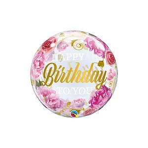 Balão de Festa Bubble 22" 56cm - Happy Birthday Peônias Rosas - 1 unidade - Qualatex Outlet - Rizzo