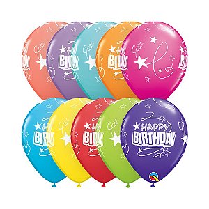 Balão de Festa Látex Liso Decorado - Happy Birthday Laços e Estrelas - 11" 28cm - 6 unidades - Qualatex Outlet - Rizzo