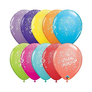 Balão de Festa Látex Liso Decorado - Happy Birthday Confetes - 11" 28cm - 6 unidades - Qualatex Outlet - Rizzo
