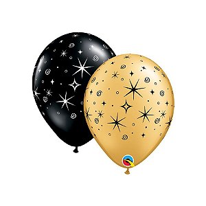 Balão de Festa Látex Liso Decorado - Espirais com Brilho Preto e Ouro - 11" 28cm - 50 unidades - Qualatex Outlet - Rizzo