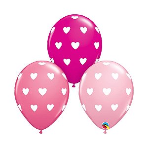 Balão de Festa Látex Liso Decorado - Corações Grandes Sortido - 11" 28cm - 50 unidades - Qualatex Outlet - Rizzo