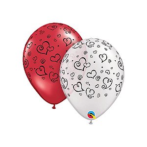 Balão de Festa Látex Liso Decorado - Corações Espirais - 11" 28cm - 50 unidades - Qualatex Outlet - Rizzo