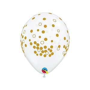 Balão de Festa Látex Liso Decorado - Pontos de Confete Transp/Dourado - 11" 28cm - 50 unidades - Qualatex Outlet - Rizzo