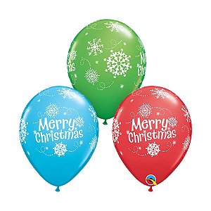 Balão de Festa Látex Liso Decorado - Merry Christmas Flocos de Neve - 11" 28cm - 50 unidades - Qualatex Outlet - Rizzo