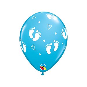 Balão de Festa Látex Liso Decorado - Pegadas de Bebê/Coração Azul - 11" 28cm - 50 unidades - Qualatex Outlet - Rizzo