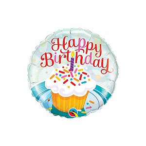 Balão de Festa Microfoil 18" 46cm - Redondo Happy Birthday Cupcakes - 1 unidade - Qualatex Outlet - Rizzo