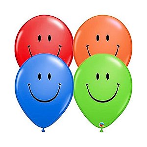 Balão de Festa Látex Liso Decorado - Carinhas Sorridentes Sortido - 11" 28cm - 100 unidades - Qualatex Outlet - Rizzo