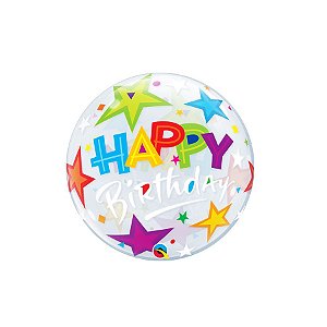 Balão de Festa Bubble 22" 56cm - Happy Birthday Estrelas Brilhantes - 1 unidade - Qualatex Outlet - Rizzo