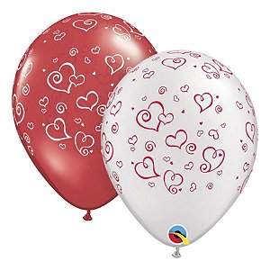 Balão de Festa Látex Liso Decorado - Corações e Espirais Verm/Branco - 11" 27cm - 50 unidades - Qualatex Outlet - Rizzo