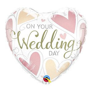 Balão de Festa Microfoil 18" 45cm - Coração "On Your Wedding Day" - 1 unidade - Qualatex Outlet - Rizzo