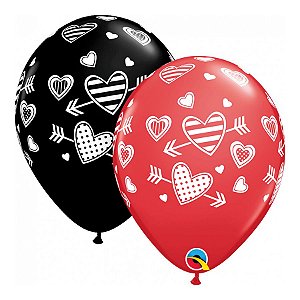 Balão de Festa Látex Liso Decorado - Coração e Flecha Vermelho/Preto - 11" 27cm - 50 unidades - Qualatex Outlet - Rizzo