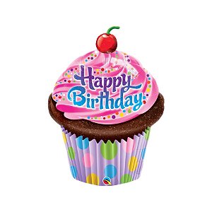 Balão de Festa Microfoil 35" 89cm - Cupcake Happy Birthday - 1 unidade - Qualatex Outlet - Rizzo