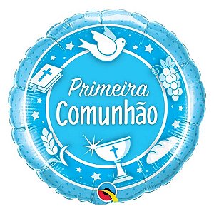 Balão de Festa Microfoil 18" 45cm - Redondo Primeira Comunhão Azul - 1 unidade - Qualatex Outlet - Rizzo