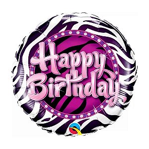 Balão de Festa Microfoil 18" 45cm - Redondo Happy Birthday Zebrado - 1 unidade - Qualatex Outlet - Rizzo