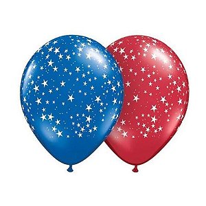 Balão de Festa Látex Liso Decorado - Estrela Azul e Vermelho Rubi - 11" 27cm - 50 unidades - Qualatex Outlet - Rizzo