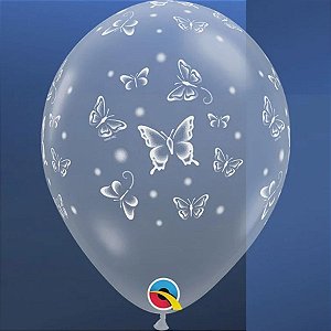 Balão de Festa Látex Liso Decorado - Borboleta Diamante Transparente - 16" 40cm - 50 unidades - Qualatex Outlet - Rizzo