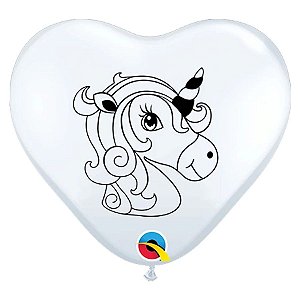 Balão de Festa Látex Liso Decorado - Coração Unicórnio Branco - 6" 15cm - 100 unidades - Qualatex Outlet - Rizzo