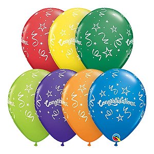 Balão de Festa Látex Liso Decorado - Congratulations Serpentina - 11" 27cm - 50 unidades - Qualatex Outlet - Rizzo