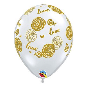 Balão de Festa Látex Liso Decorado - Rosas Love Transparente/Ouro - 11" 27cm - 50 unidades - Qualatex Outlet - Rizzo