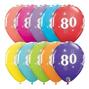 Balão de Festa Látex Liso Decorado - Número 80 Sortidos - 11" 27cm - 6 unidades - Qualatex Outlet - Rizzo