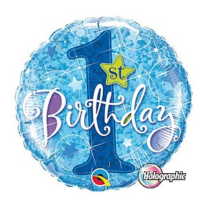 Balão de Festa Microfoil 18" 45cm - Redondo Hol. 1st Birthday Azul - 1 unidade - Qualatex Outlet - Rizzo