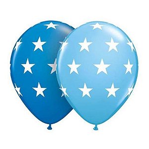 Balão de Festa Látex Liso Decorado - Estrela Azul Claro e Escuro - 11" 27cm - 50 unidades - Qualatex Outlet - Rizzo